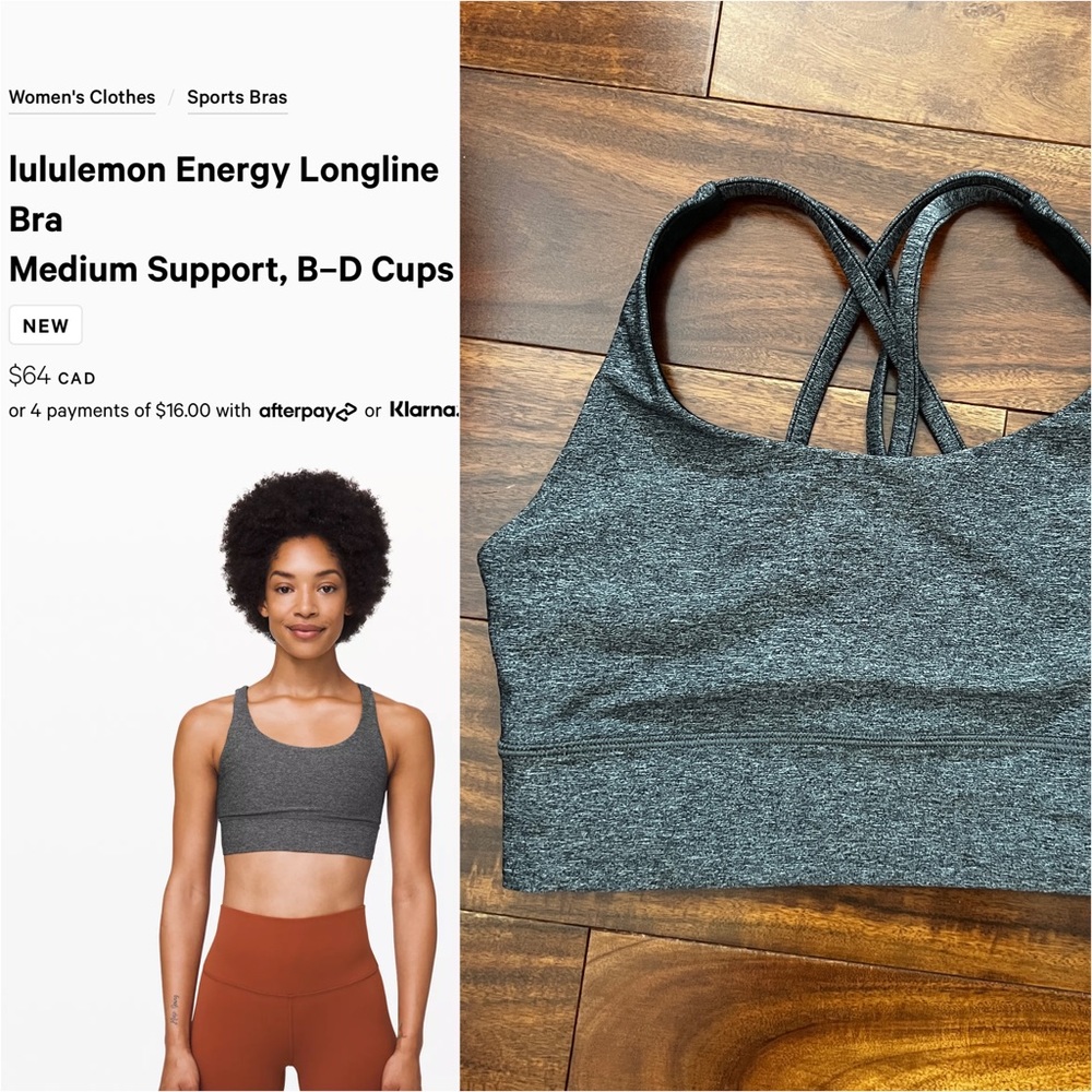 BNWOT LULULEMON - Energy Longline Bra size 6 Heathered Black
